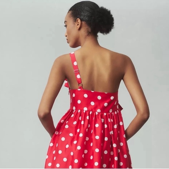 Anthropologie Atsu Sally Bow Polka Dot One Shoulder Midi Dress Red Medium NWT - Picture 8 of 12